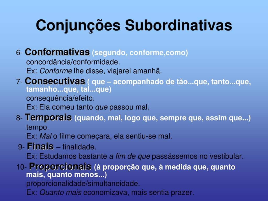 Conjunções Subordinativas – função, localização na frase, classificação